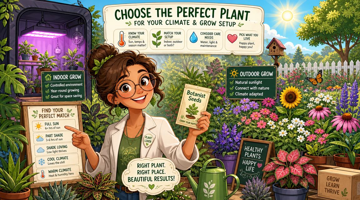 A friendly botanist woman holding seeds in a garden with advice on choosing the right plants.