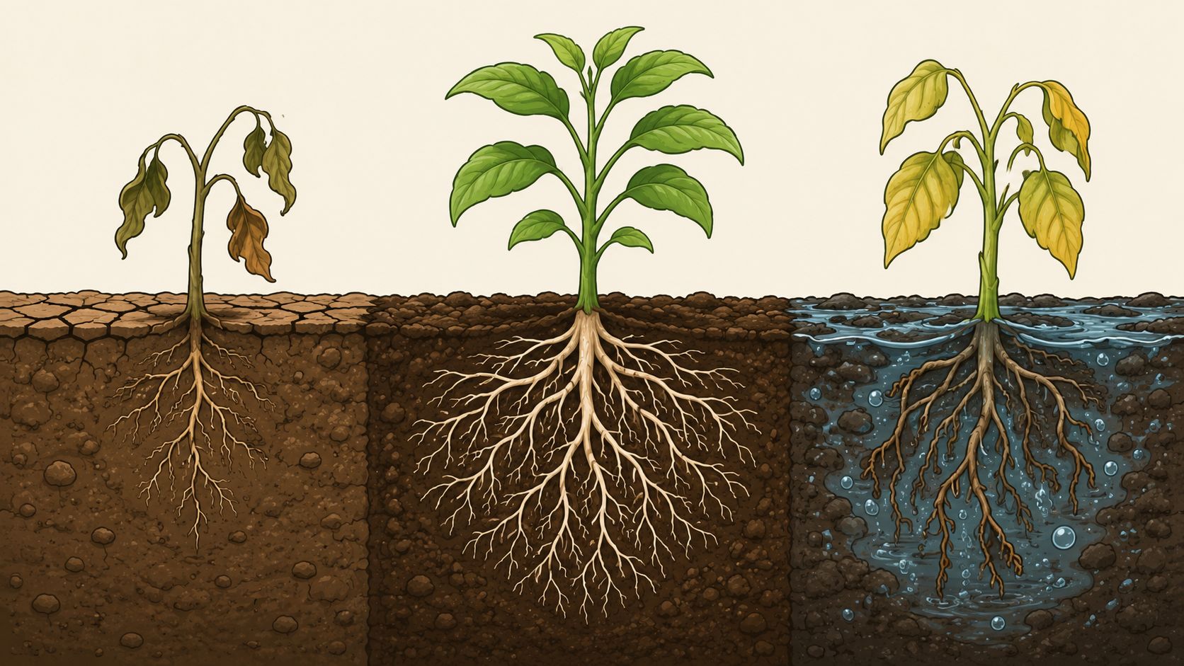 A diagram comparing plant health in dry soil, healthy soil, and waterlogged soil conditions.