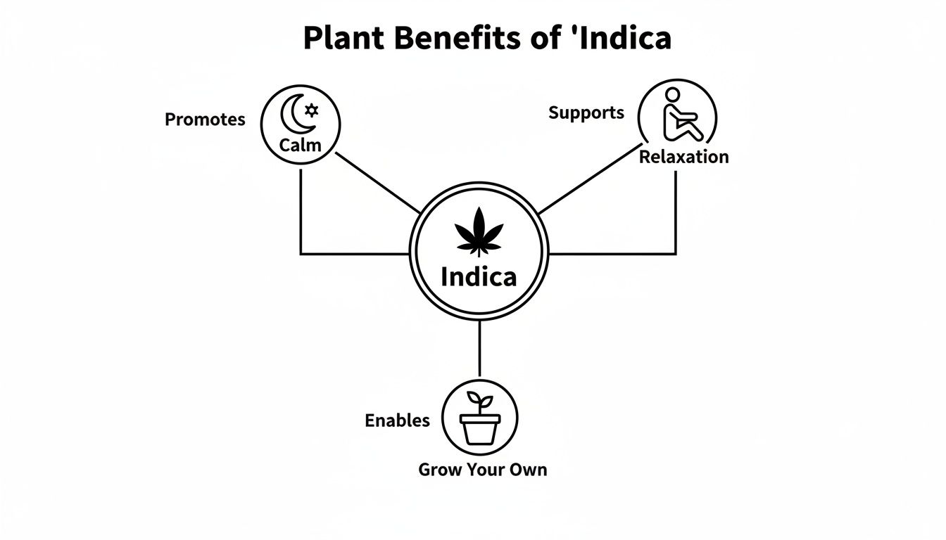 Diagram illustrating the plant benefits of Indica, including promoting calm, supporting relaxation, and enabling home cultivation.