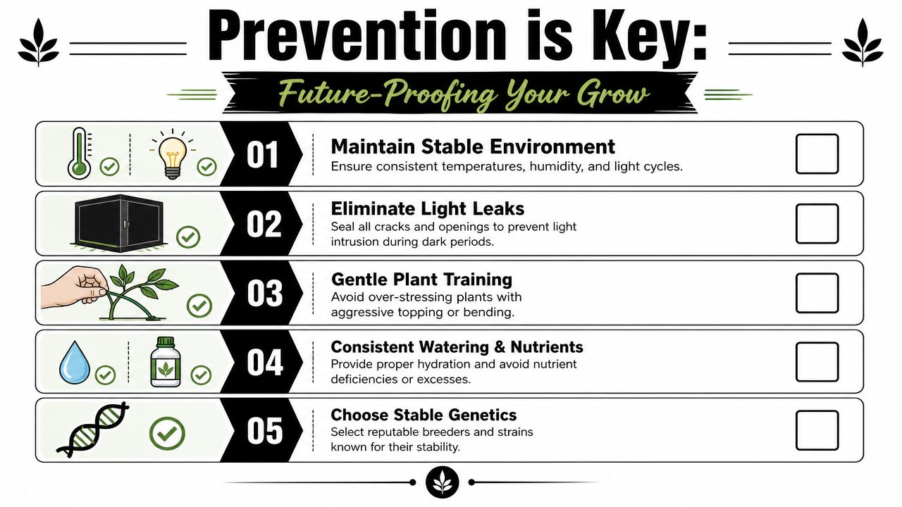 A five-step checklist illustrating best practices for preventing hermie cannabis plants during indoor cultivation.