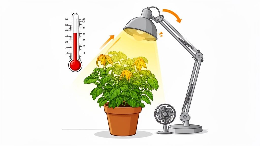 A plant with yellow leaves under a bright, hot desk lamp and a thermometer showing high temperature.