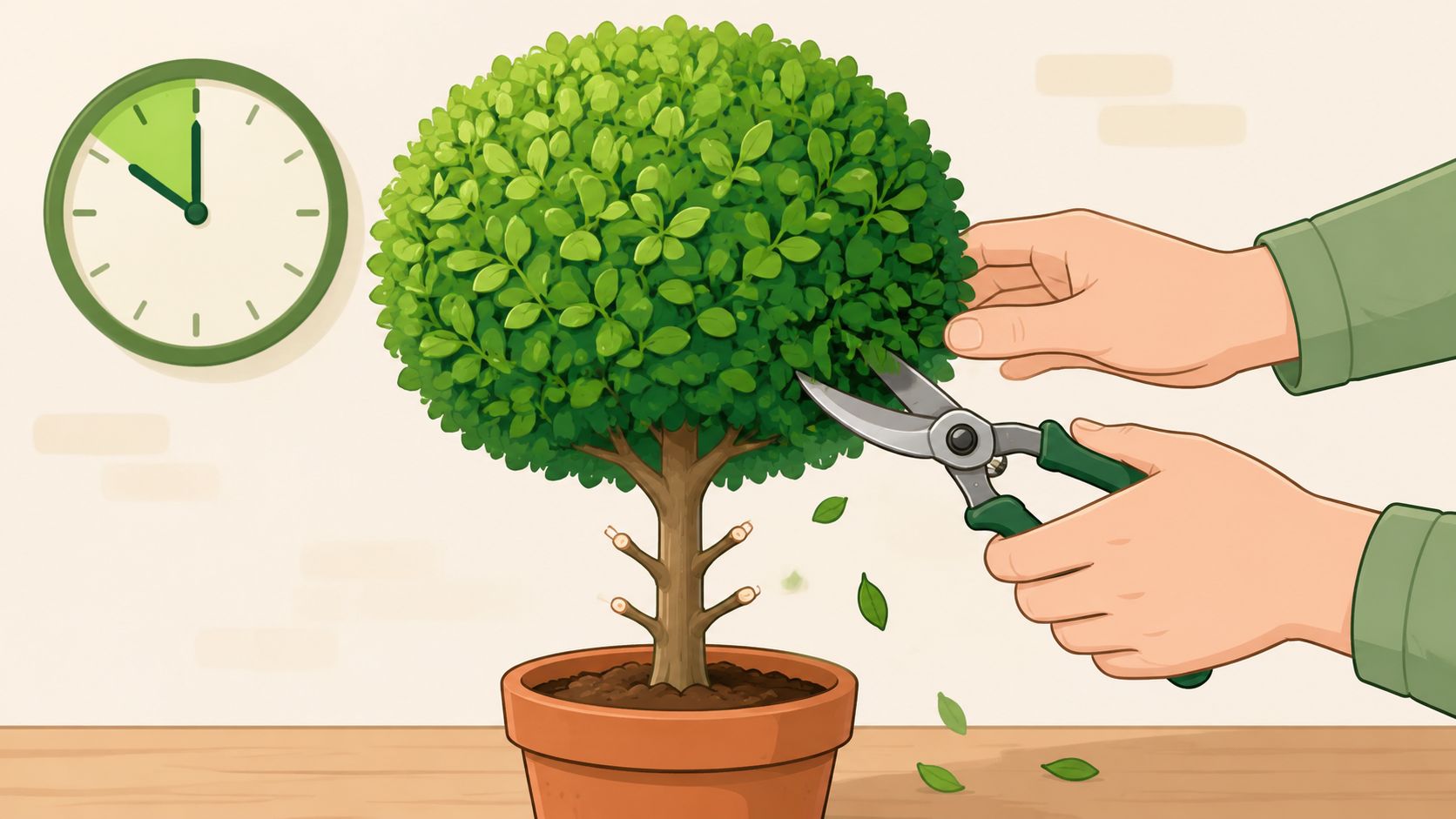 A person using pruning shears to shape a small potted lollipop-style plant, illustrating the lollipopping technique.