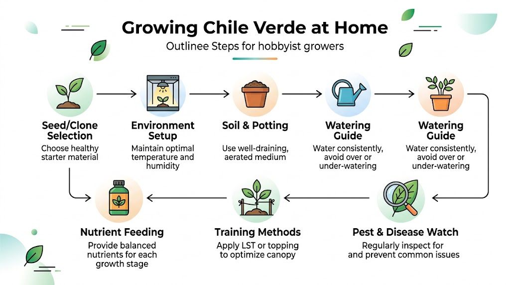 An infographic showing the step-by-step process for growing Chile Verde plants at home for hobbyist gardeners.