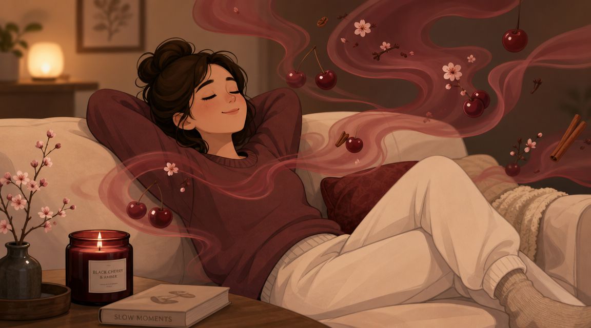 A cozy illustration of a woman relaxing on a sofa with fragrant Black Cherry and Amber candle.