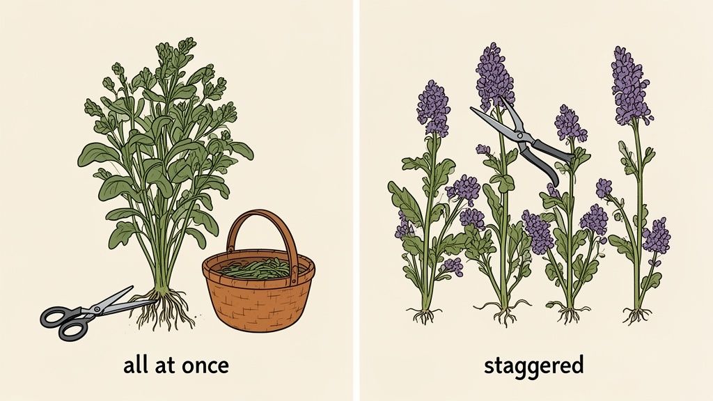 Visual guide illustrating two plant harvesting techniques: cutting a whole plant versus staggered flower stem pruning.