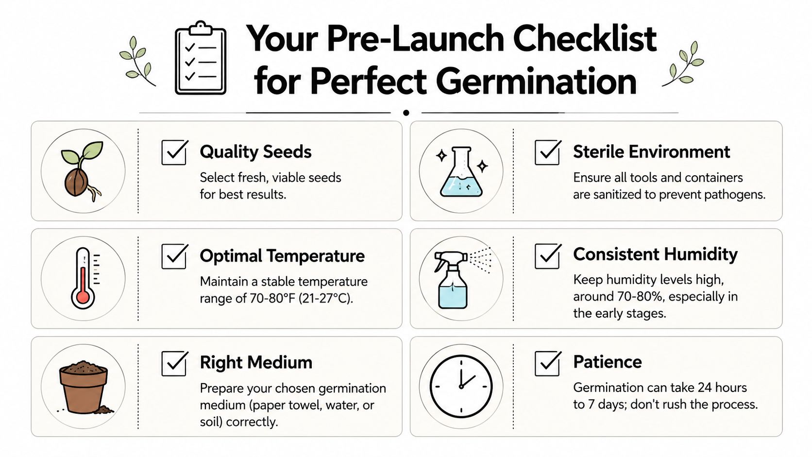 A six-step checklist for cannabis seed germination including quality seeds, temperature, medium, sterile environment, humidity, and patience.