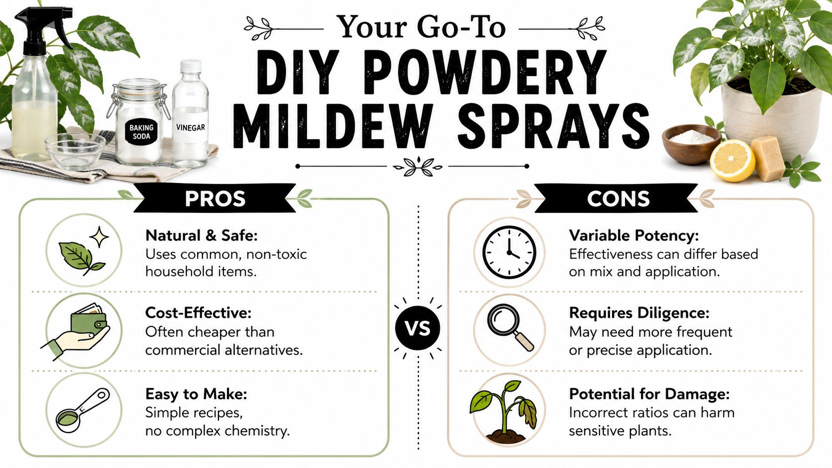 An infographic comparing the pros and cons of using DIY household sprays to treat powdery mildew on plants.