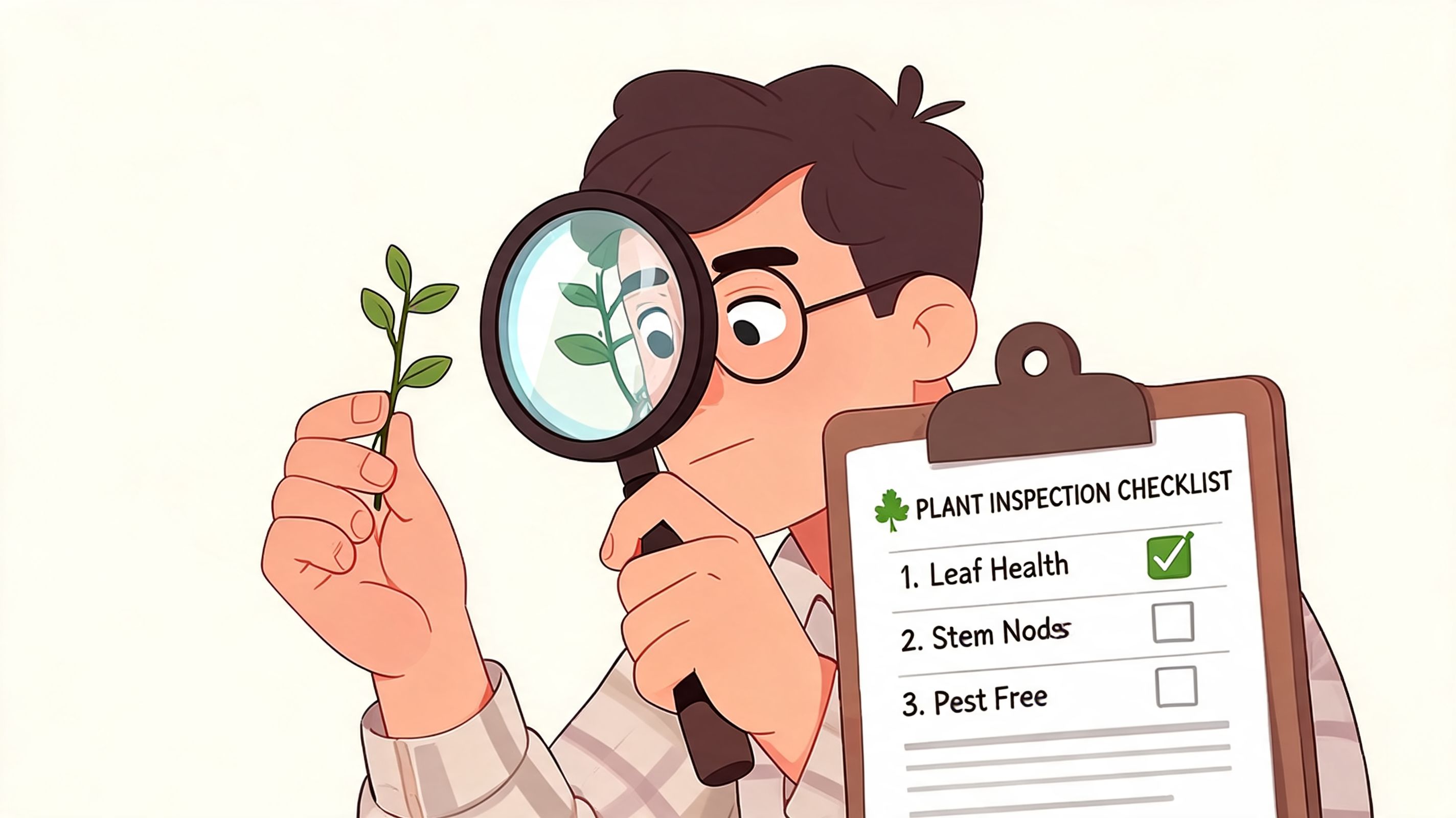 A person examining a small plant with a magnifying glass while checking a plant inspection checklist.