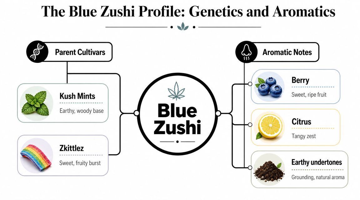 A detailed infographic titled Blue Zushi Profile, showing parent cultivars Kush Mints and Zkittlez plus aromatic notes.