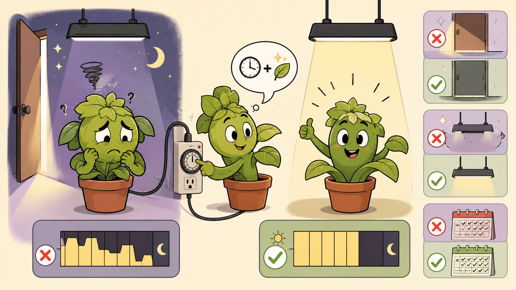 An infographic illustrating proper photoperiod light cycles for healthy indoor plant growth and care.