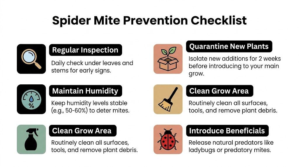 A helpful infographic outlining essential steps and best practices for preventing spider mite infestations on plants.