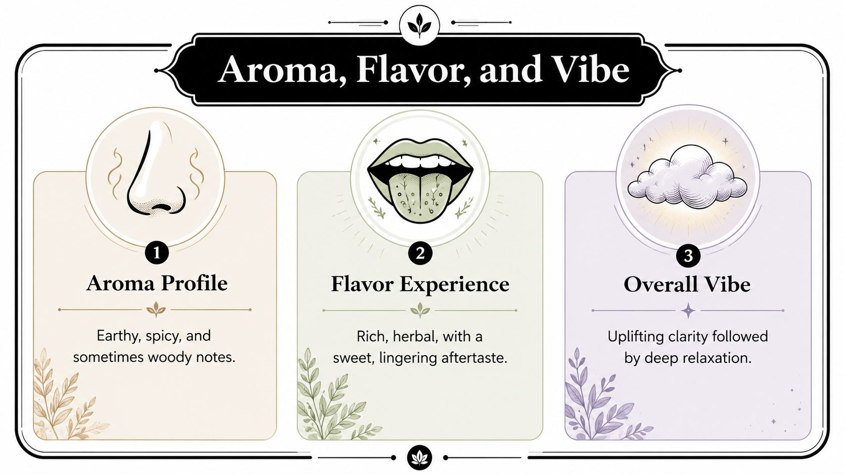 An infographic detailing the aroma, flavor, and overall vibe experience of the black african magic strain cannabis.