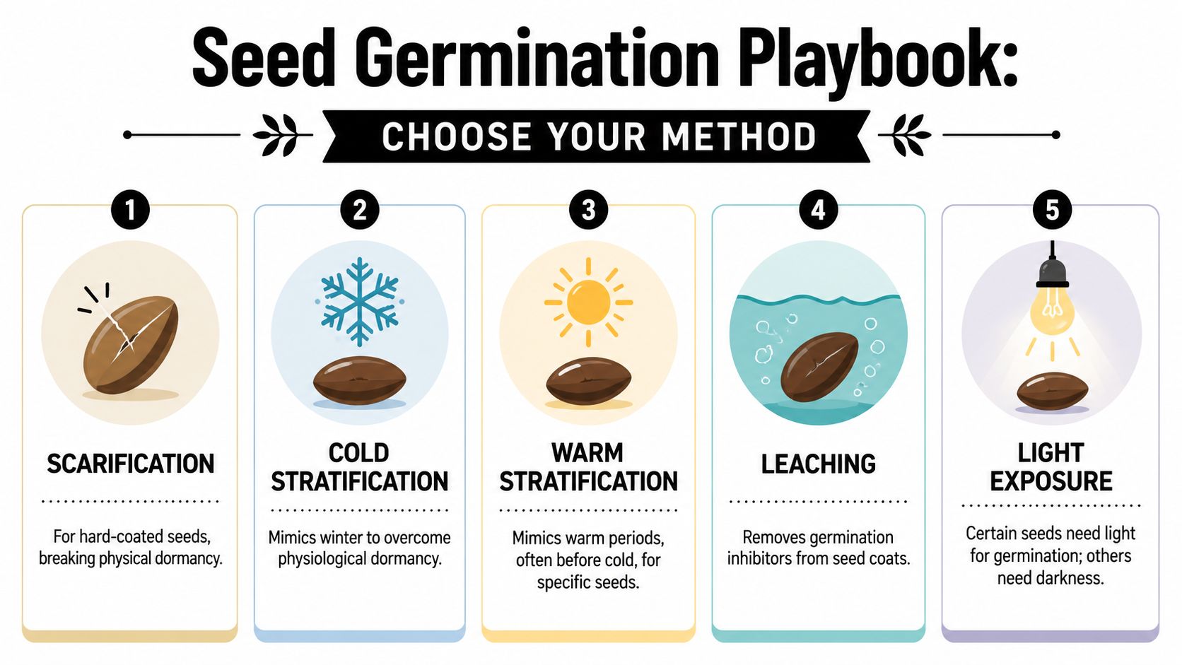 An infographic titled Seed Germination Playbook illustrating five different methods for breaking seed dormancy.