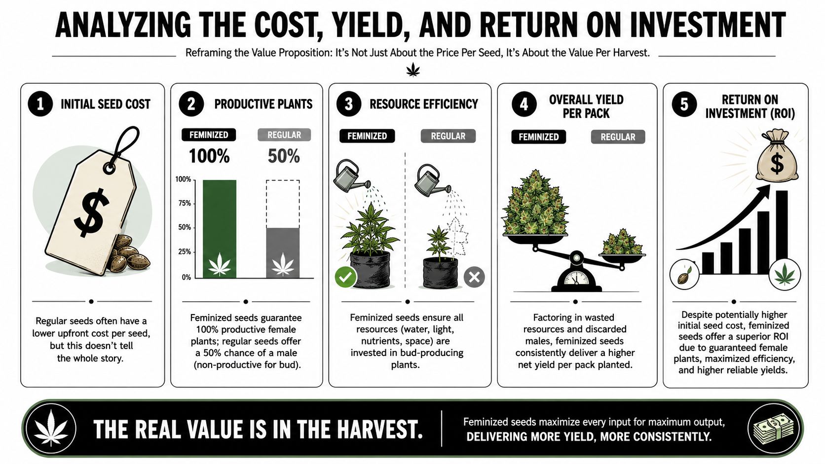 An infographic comparing the cost, yield, and return on investment of feminized versus regular cannabis seeds.