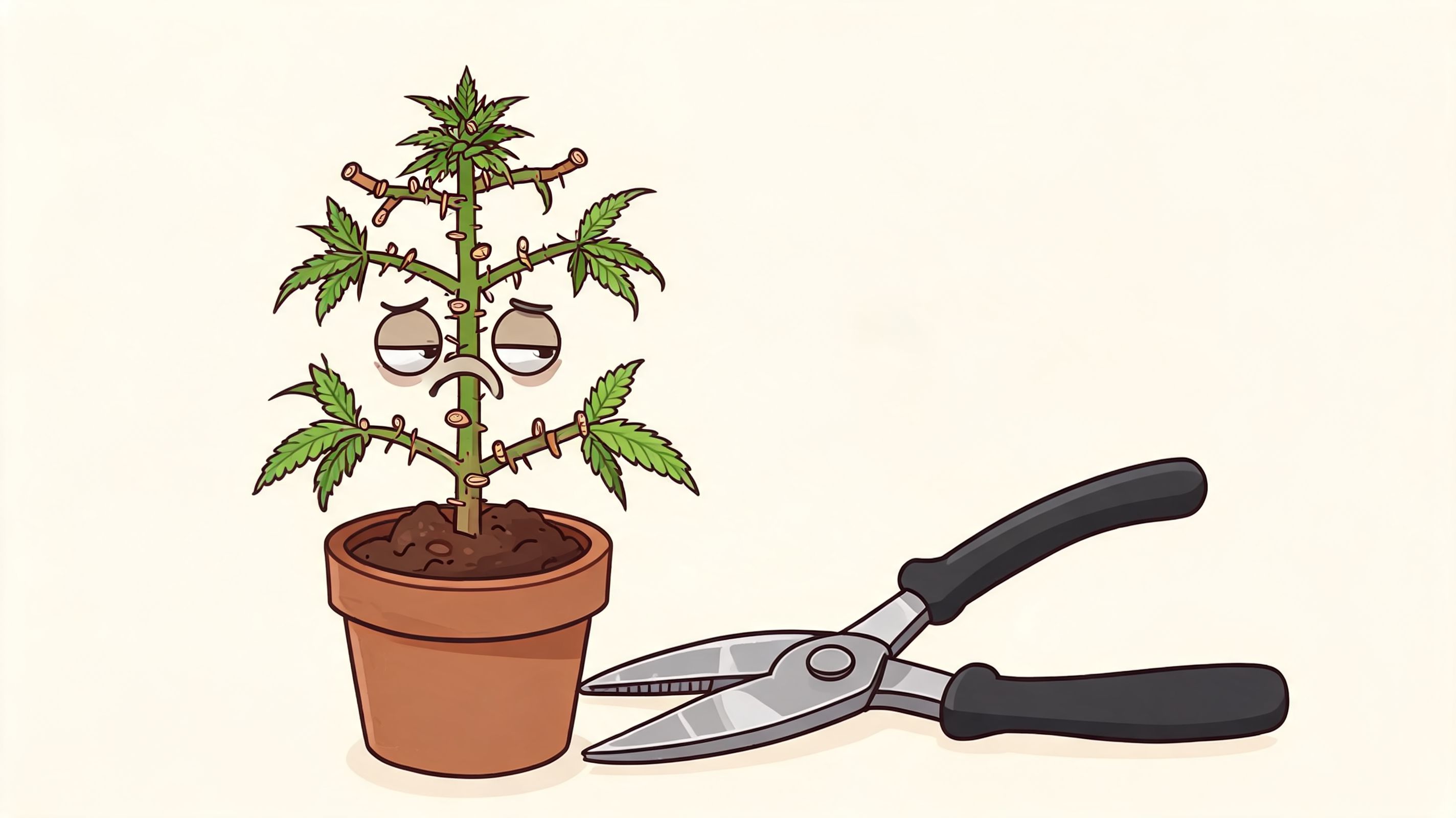 An unhappy cartoon cannabis plant in a clay pot next to a pair of sharp pruning shears.