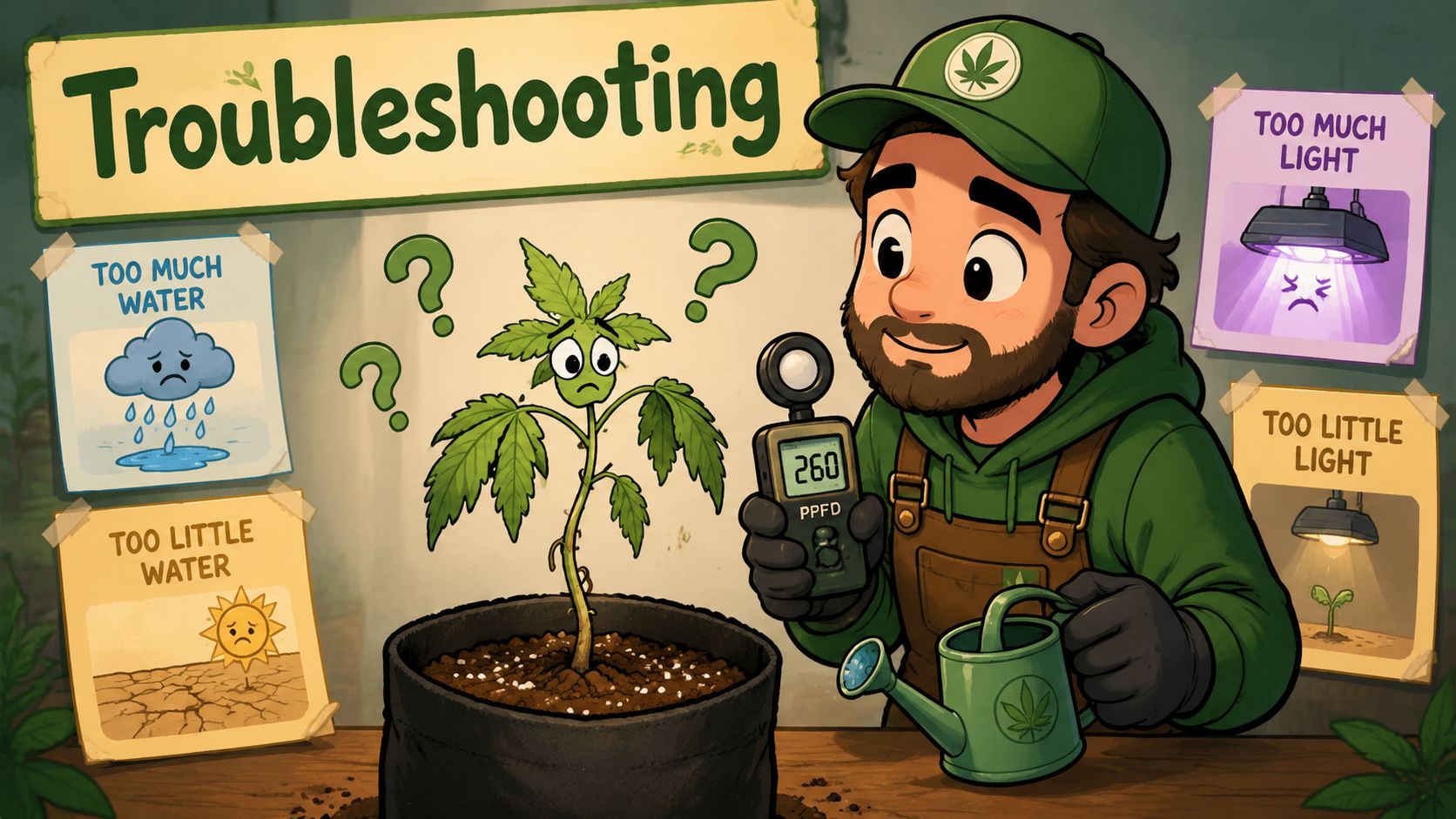 A cartoon illustration of a gardener troubleshooting a wilting cannabis plant with a light meter tool.