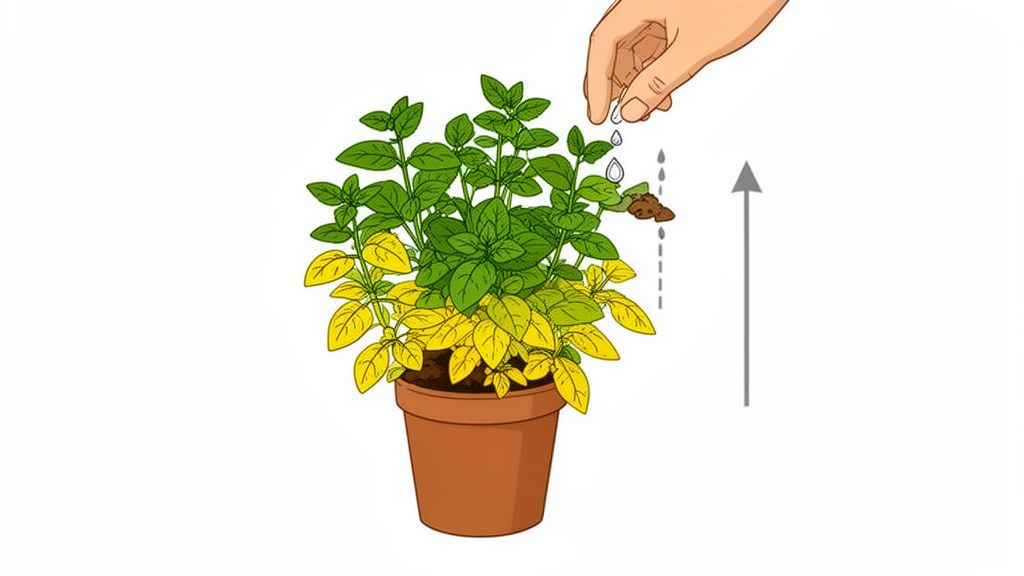 A hand waters a potted plant with yellowing lower leaves and vibrant green upper leaves, showing plant care.