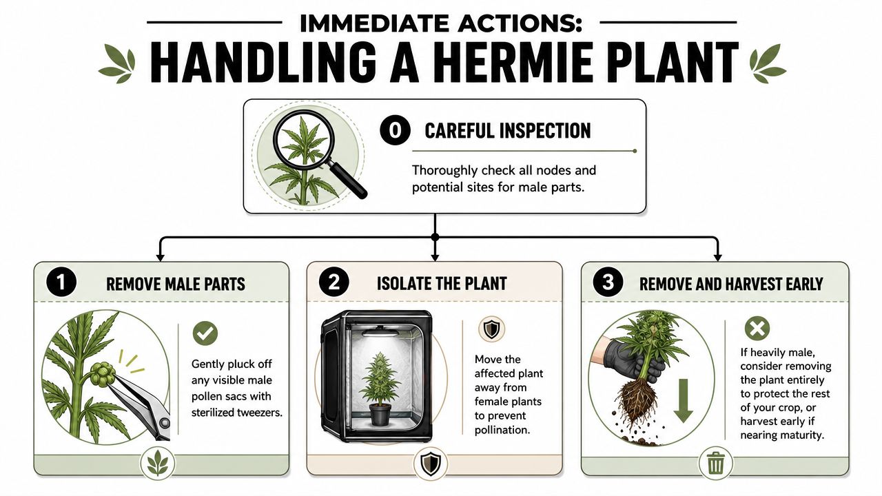 An infographic showing three immediate actions for handling a hermaphrodite cannabis plant including inspection, isolation, and removal.