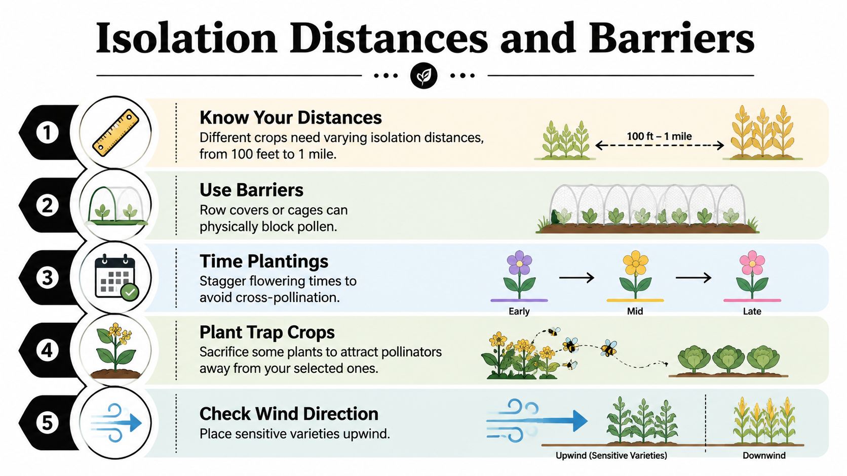 An infographic showing five methods to prevent cross-pollination using isolation distances and physical barriers in gardening.