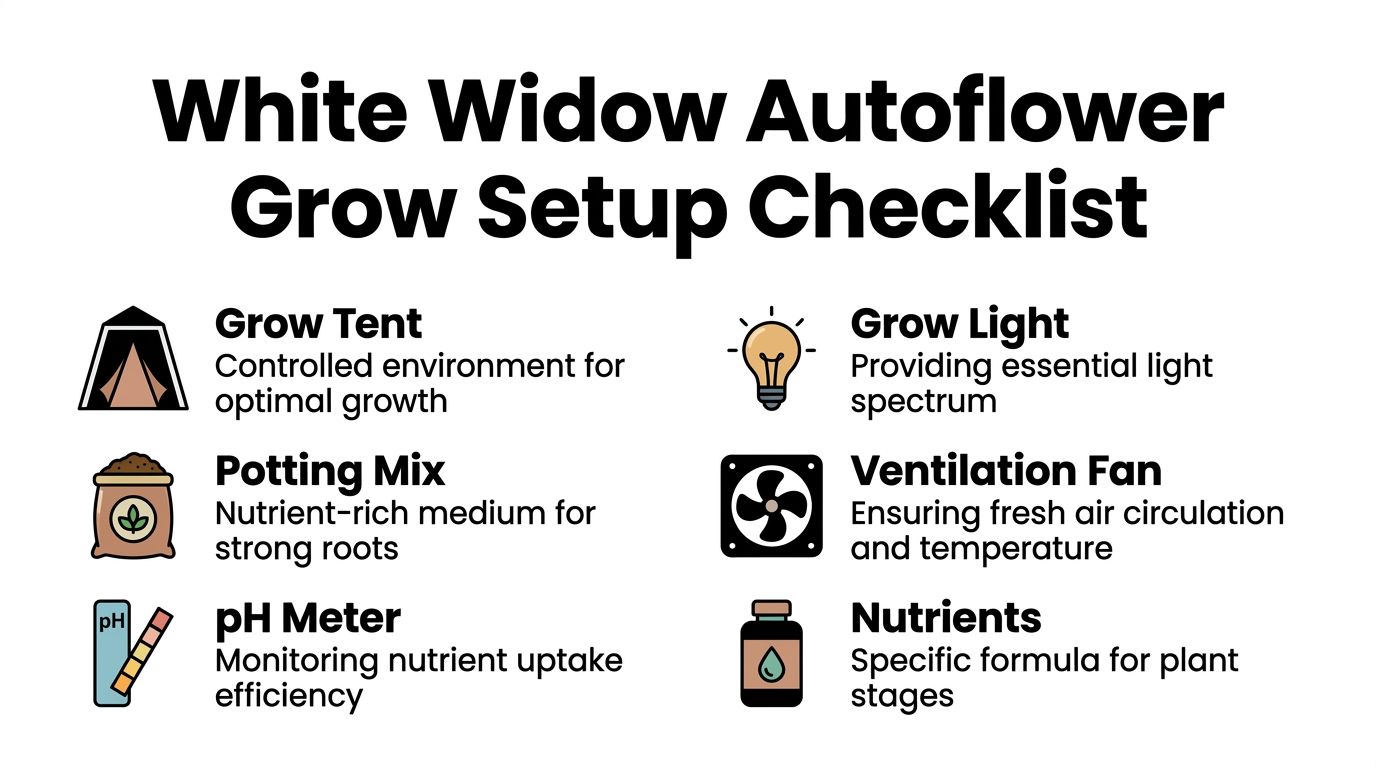 A checklist infographic titled White Widow Autoflower Grow Setup detailing essential equipment for successful indoor cultivation.