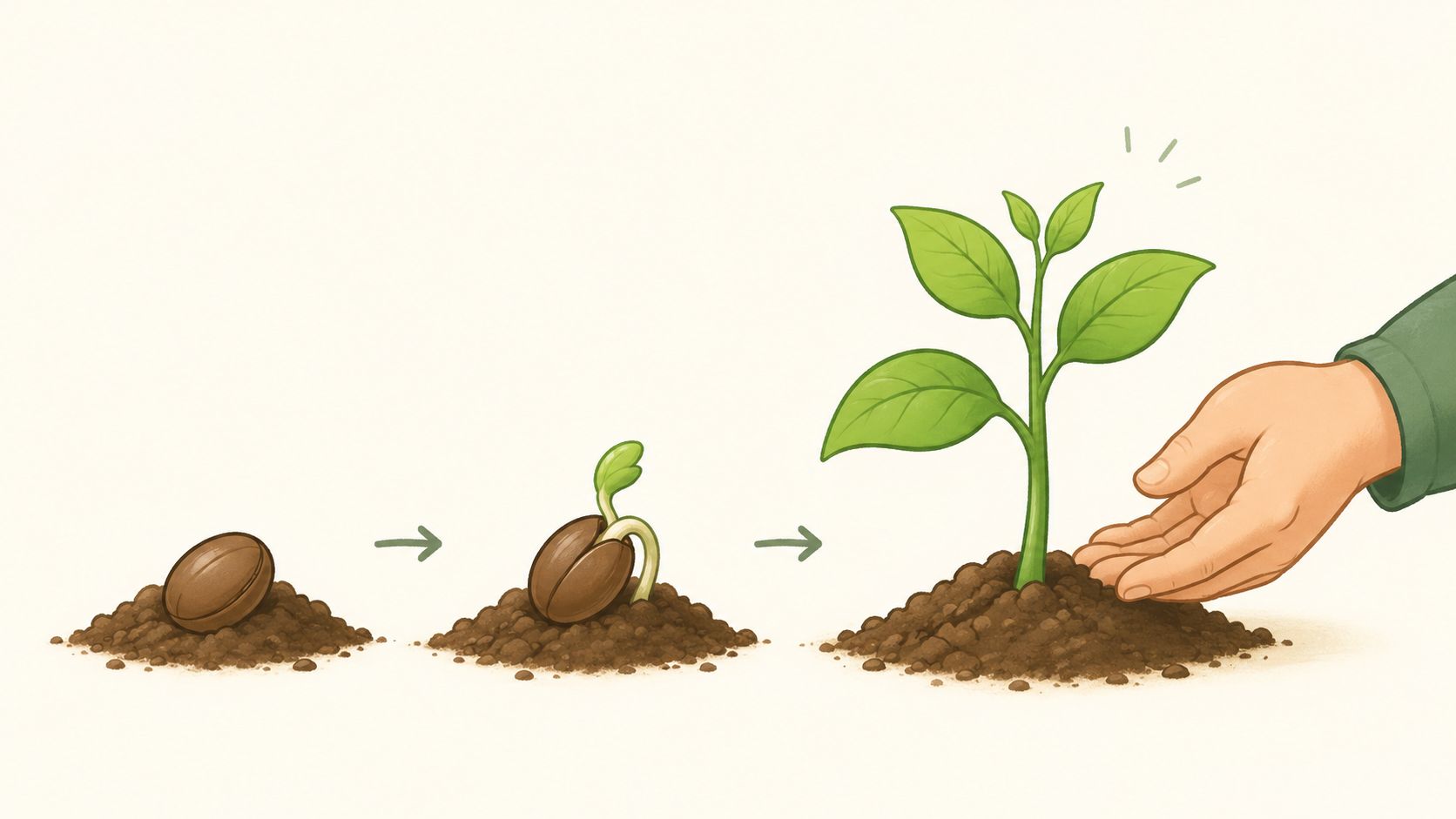 An illustration showing three stages of a seed germinating and growing into a small green plant.