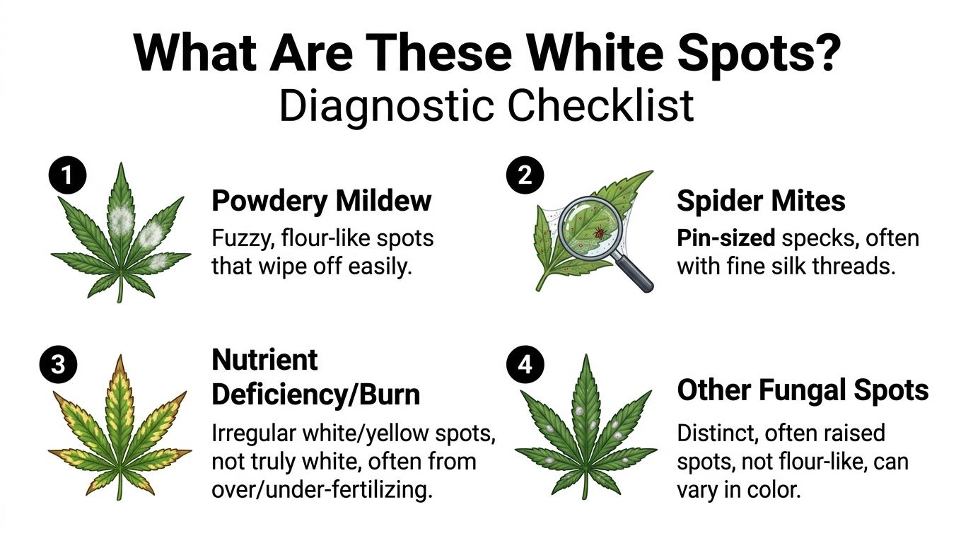 A diagnostic checklist infographic illustrating four causes of white spots on cannabis leaves for plant care.