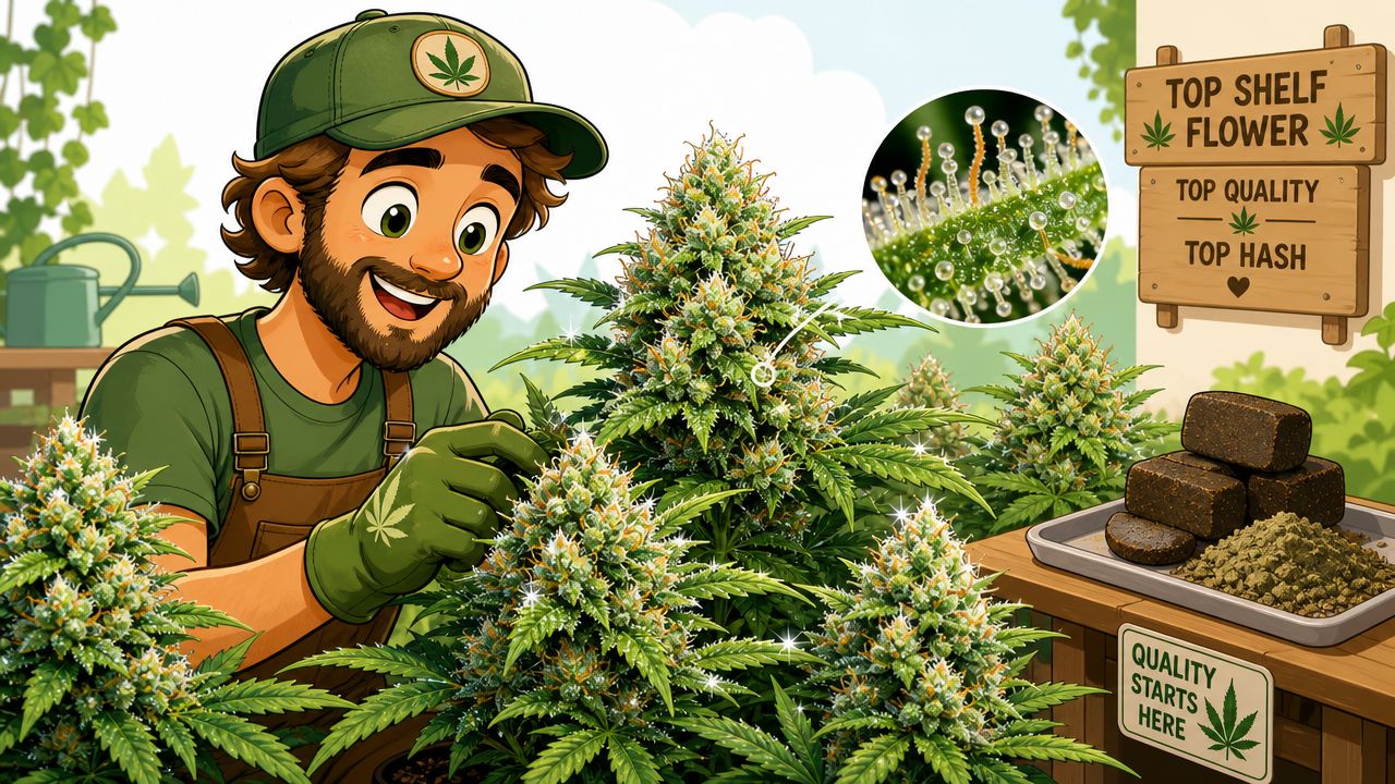 A happy farmer tending to high-quality cannabis plants with close-up macro shots of trichomes and processed hash.