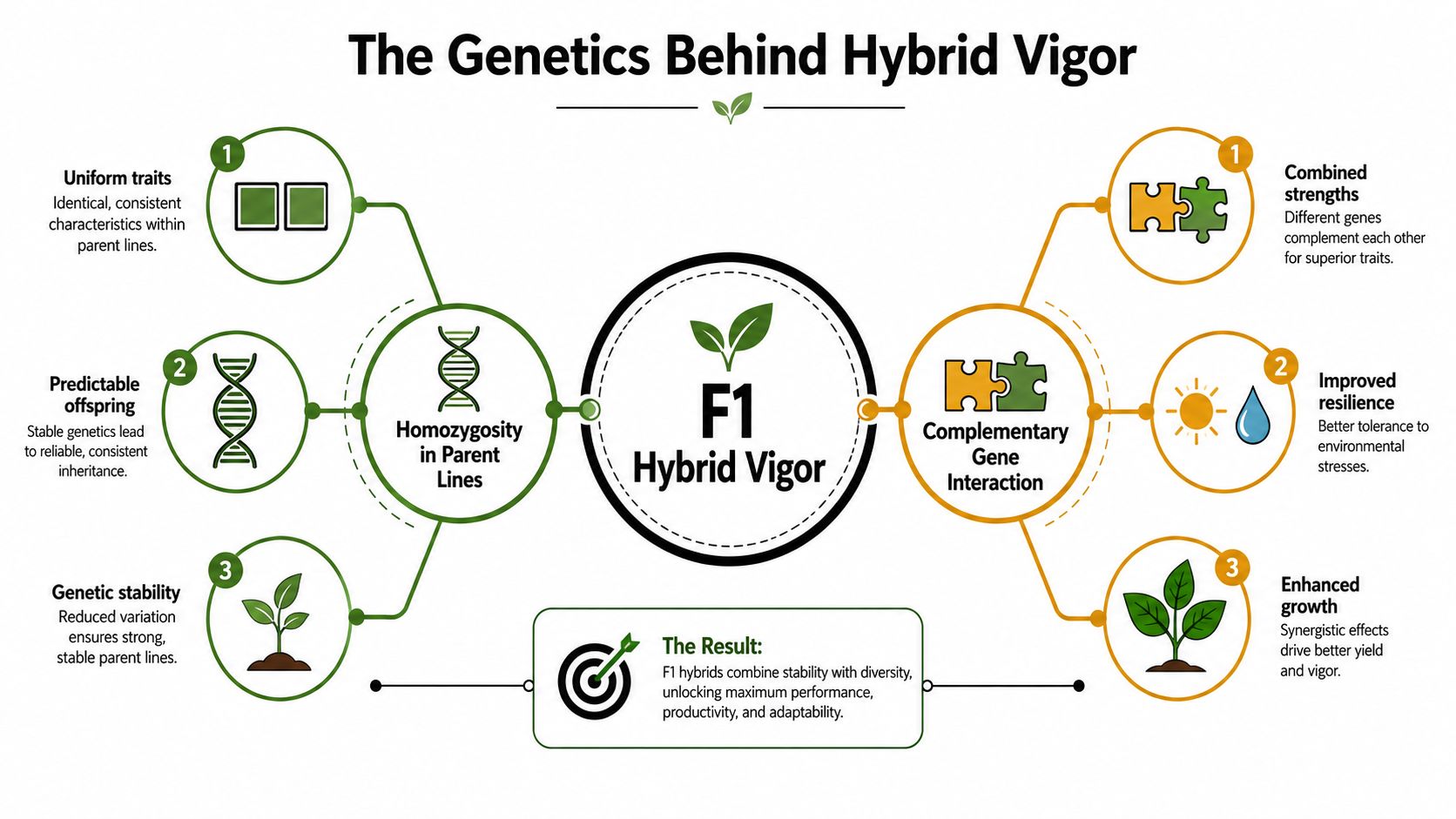 An infographic titled The Genetics Behind Hybrid Vigor explaining how parent lines and gene interaction create F1 hybrids.