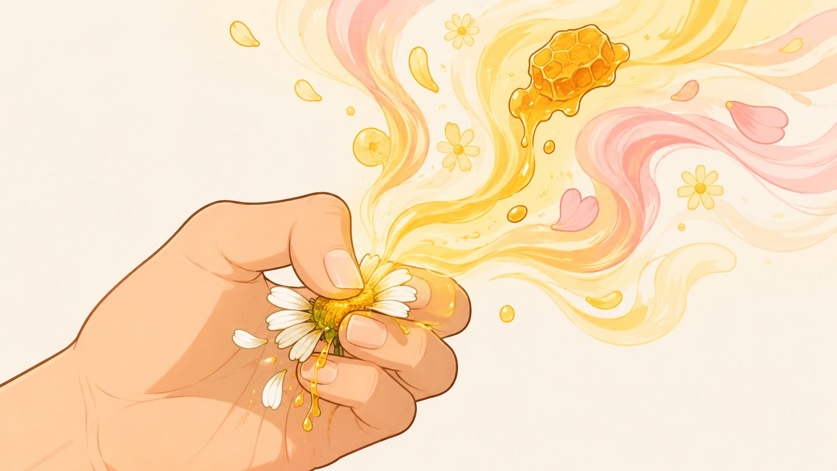 A hand gently squeezing a chamomile flower releasing golden honey and swirling floral essence.
