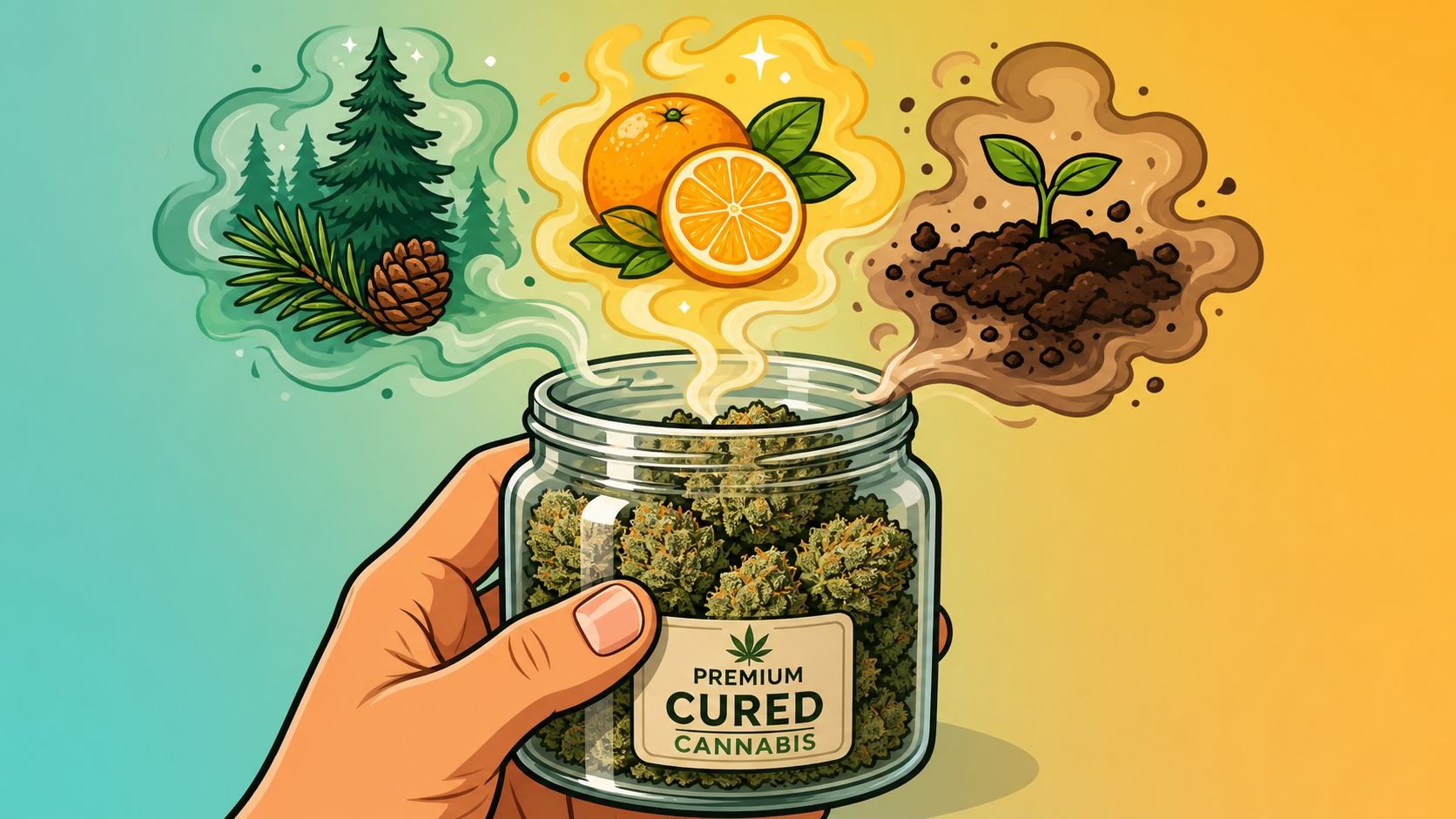 A hand holding a glass jar filled with premium cured cannabis flower buds with aromatic scent illustrations.