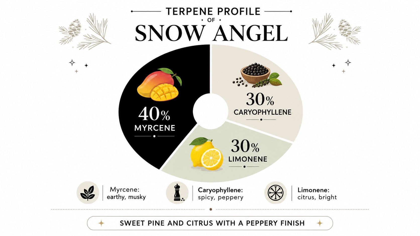 A pie chart showing the terpene profile of Snow Angel strain, featuring Myrcene, Caryophyllene, and Limonene.