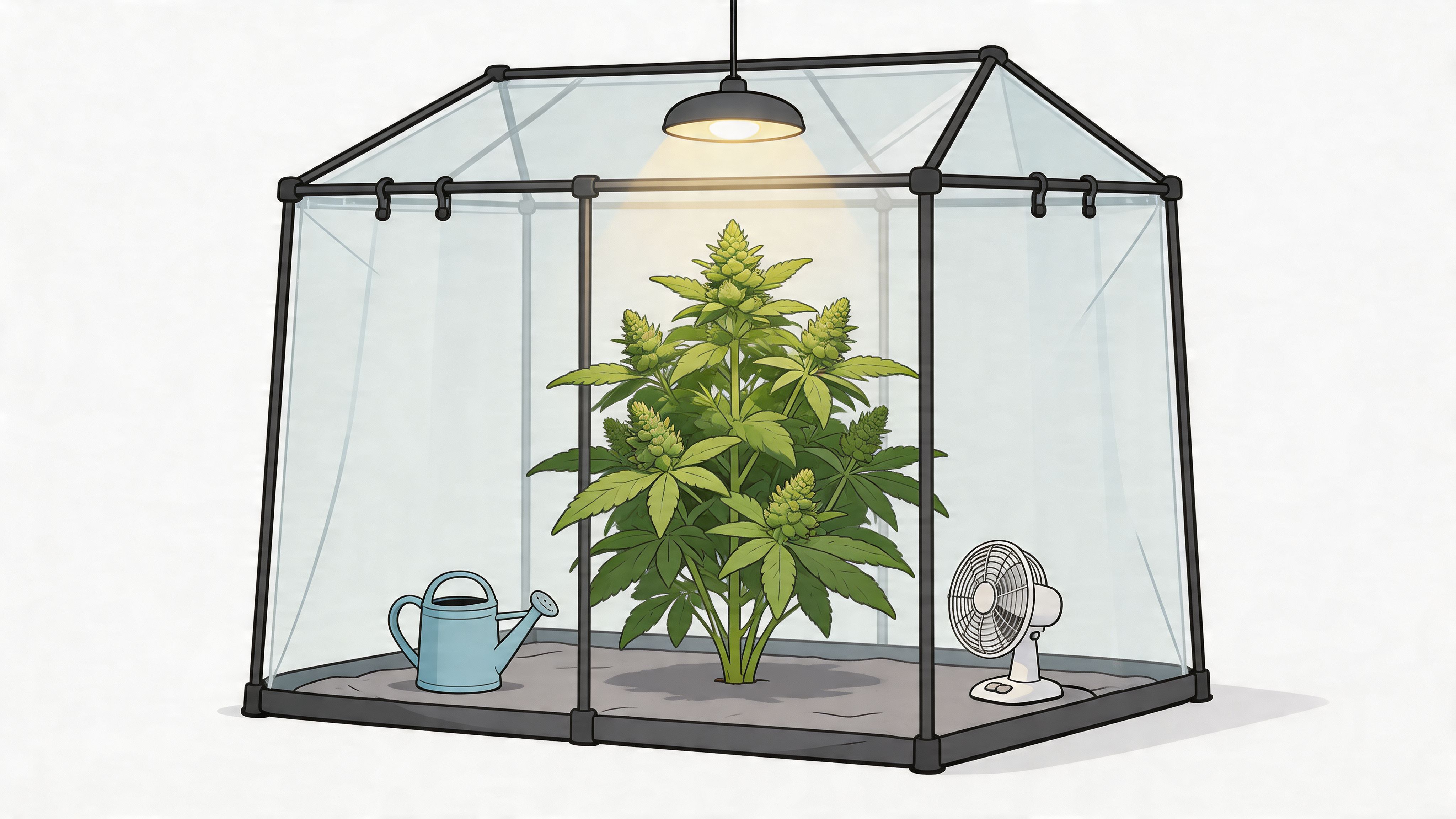 A cannabis plant growing inside a glass greenhouse with a light, fan, and watering can.