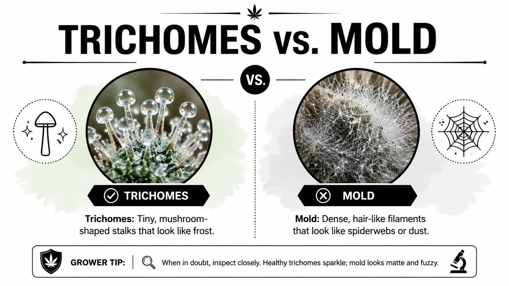 An educational infographic comparing healthy cannabis trichomes to harmful mold growth on plant buds.