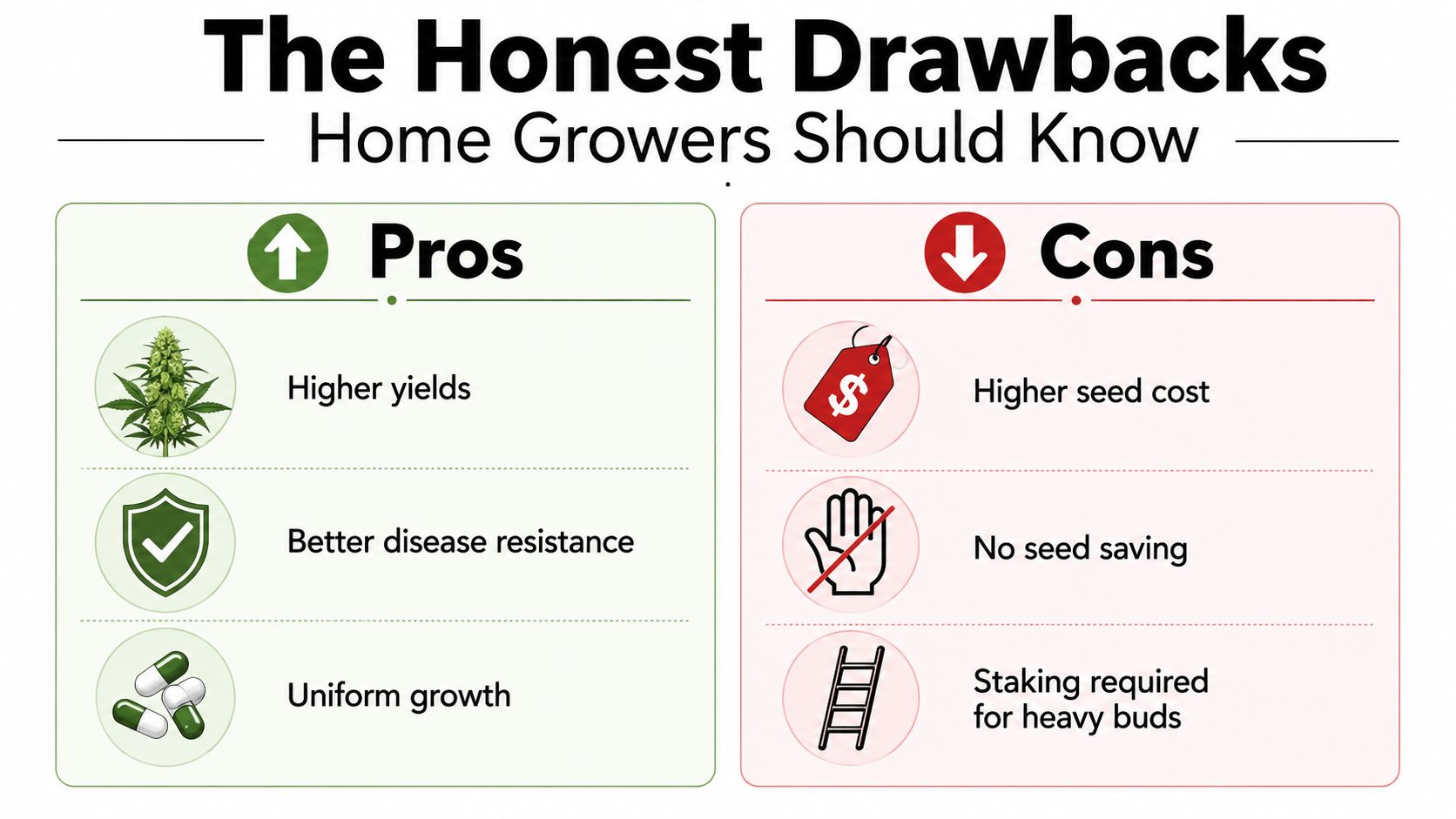 An infographic comparing the pros and cons of using F1 hybrid cannabis seeds for home growing.
