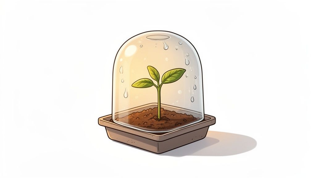 A small green plant seedling is shown growing in soil under a clear humidity dome with water droplets.