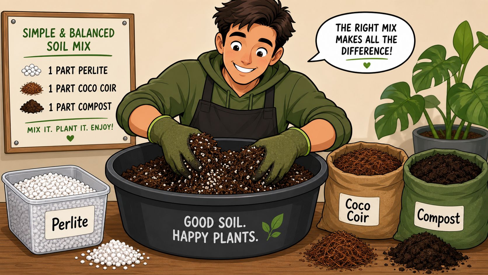A friendly person mixing potting soil ingredients including perlite, coco coir, and compost in a black basin.