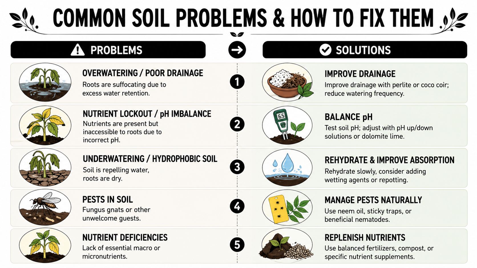 An infographic showing five common soil problems and their respective solutions for healthy plant growth.