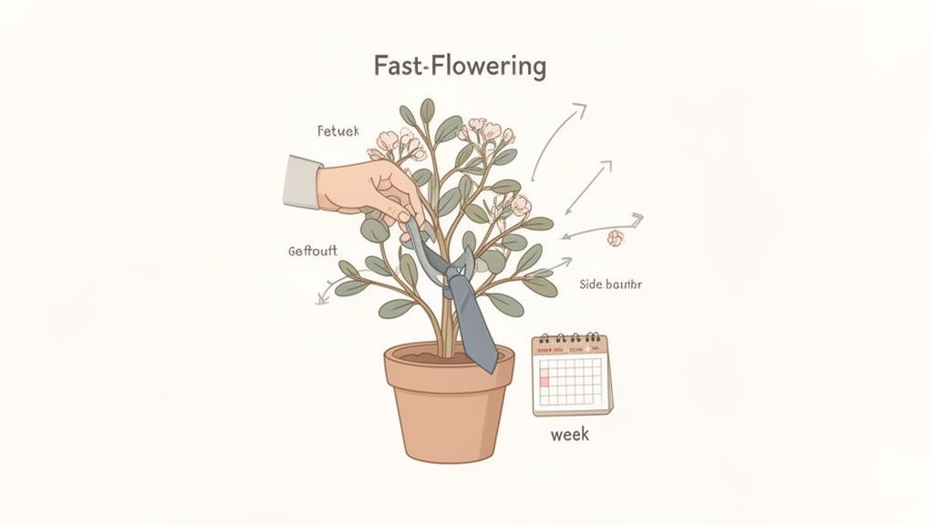 An illustration of a hand tying a necktie around a flowering potted plant, demonstrating a fast-flowering technique.