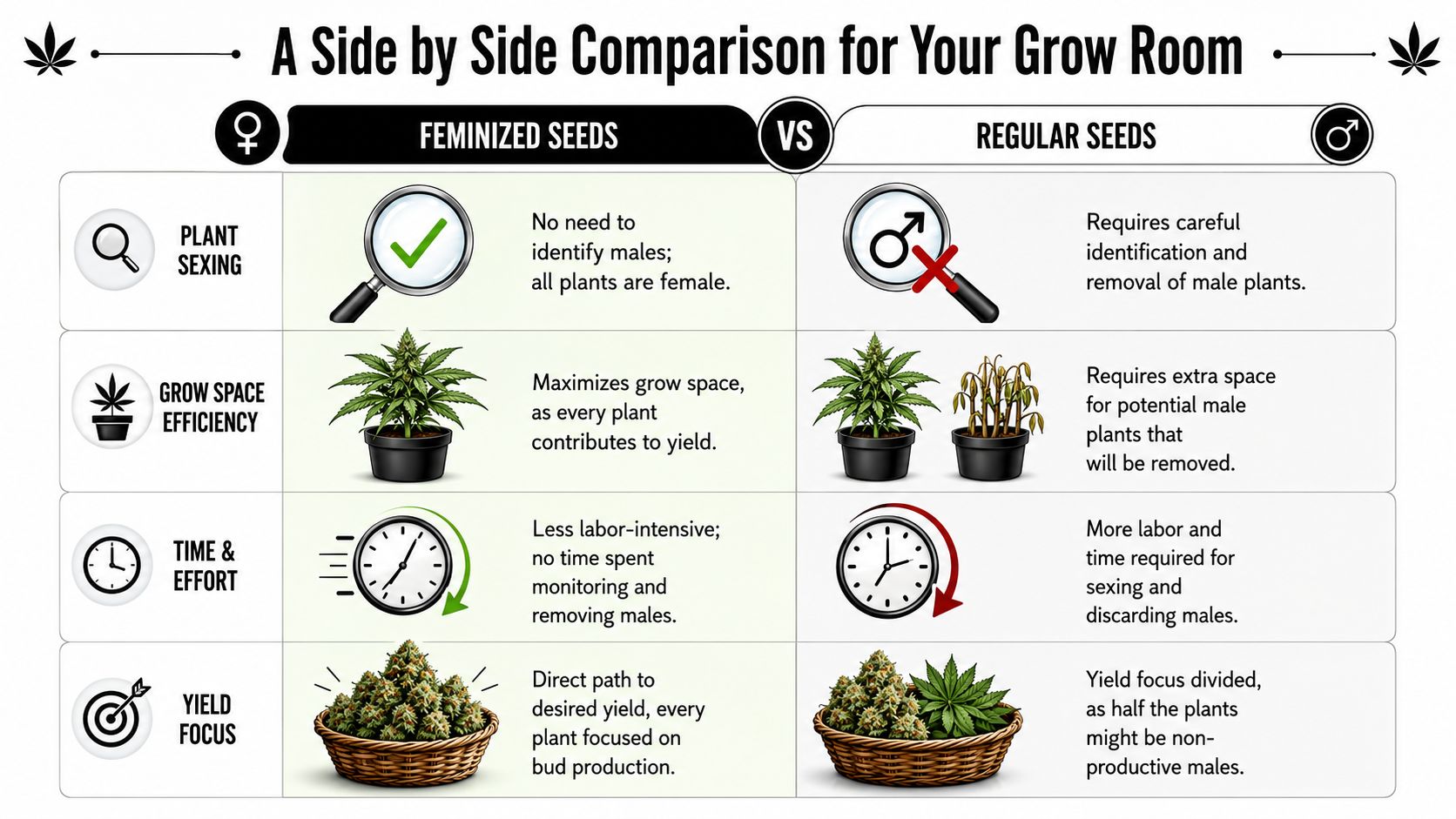 A comparison chart showing the advantages of feminized seeds versus regular seeds for cannabis cultivation.