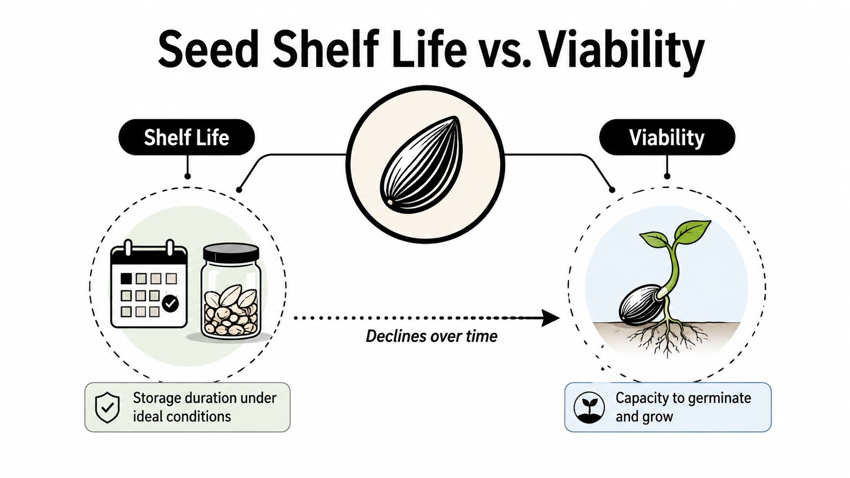 An educational diagram illustrating the inverse relationship between seed shelf life and long-term germination viability.