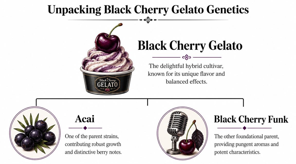 A diagram illustrating the parent strains of Black Cherry Gelato as Acai and Black Cherry Funk.