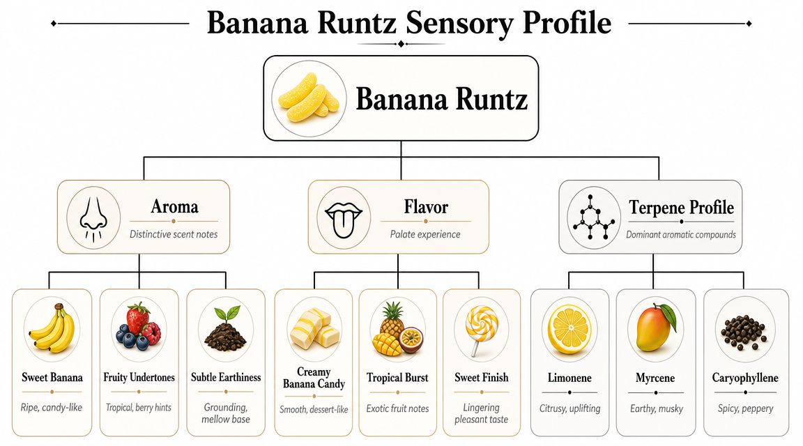 An infographic detailing the sensory profile of Banana Runtz, highlighting its aroma, flavor, and dominant terpene characteristics.