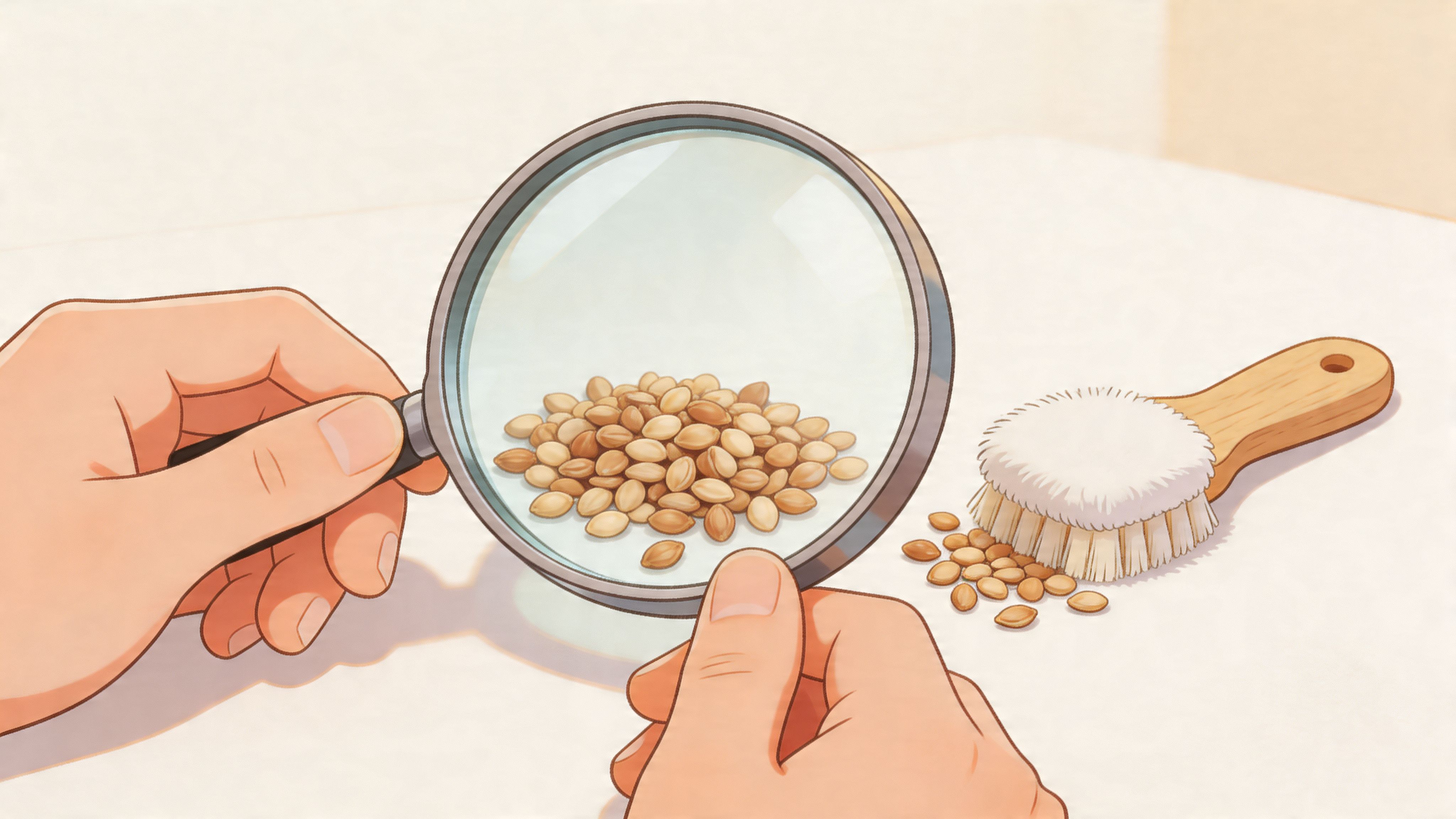 A pair of hands holds a magnifying glass over a small pile of light brown cannabis seeds.