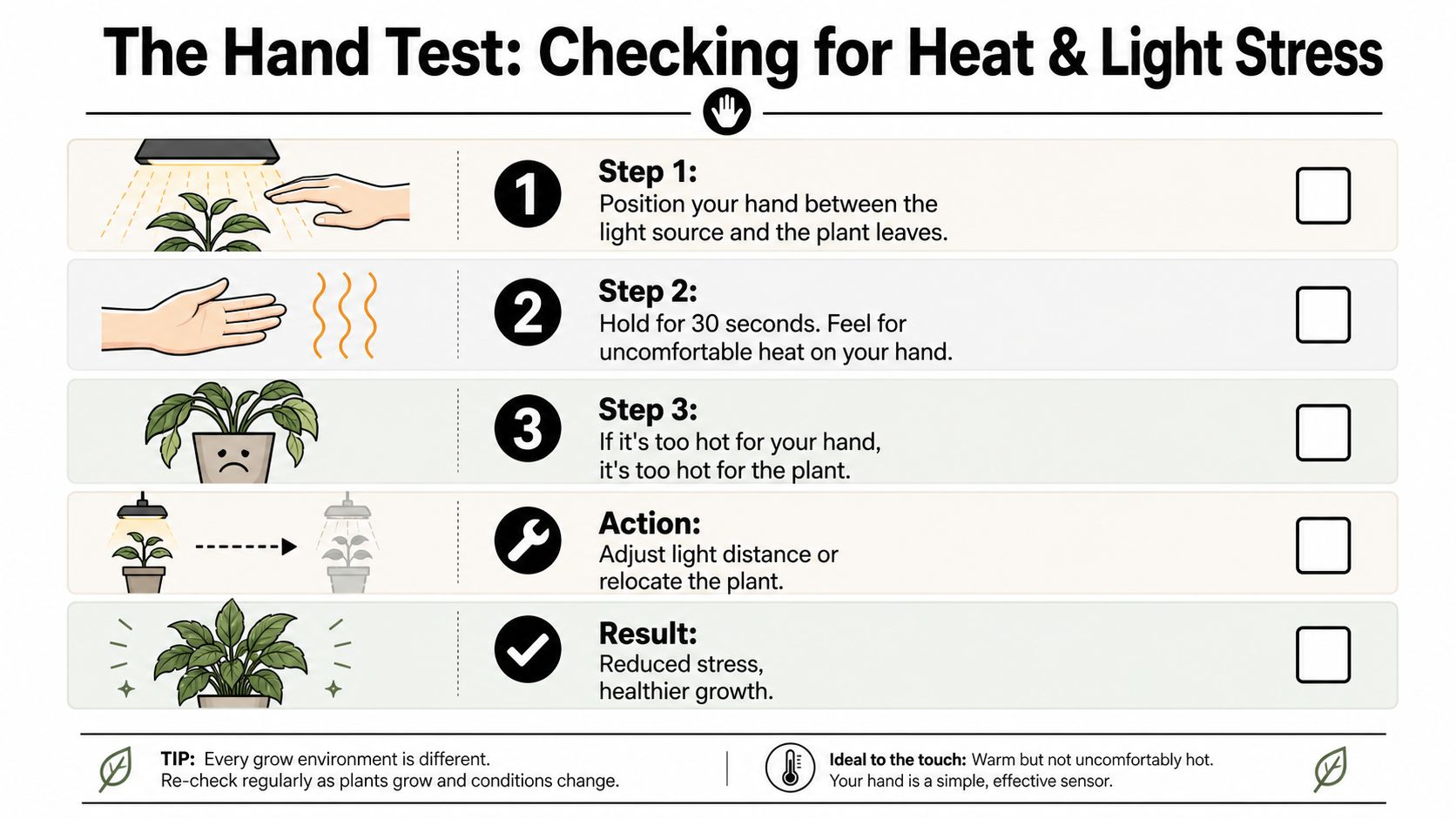 An infographic illustrating the hand test method to check for plant heat and light stress damage.