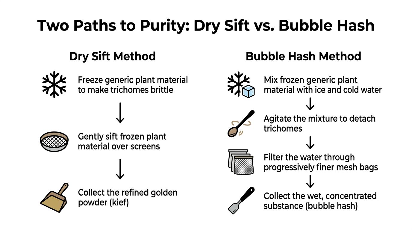 A comparison chart outlining the two different methods for creating cannabis hash: Dry Sift and Bubble Hash.