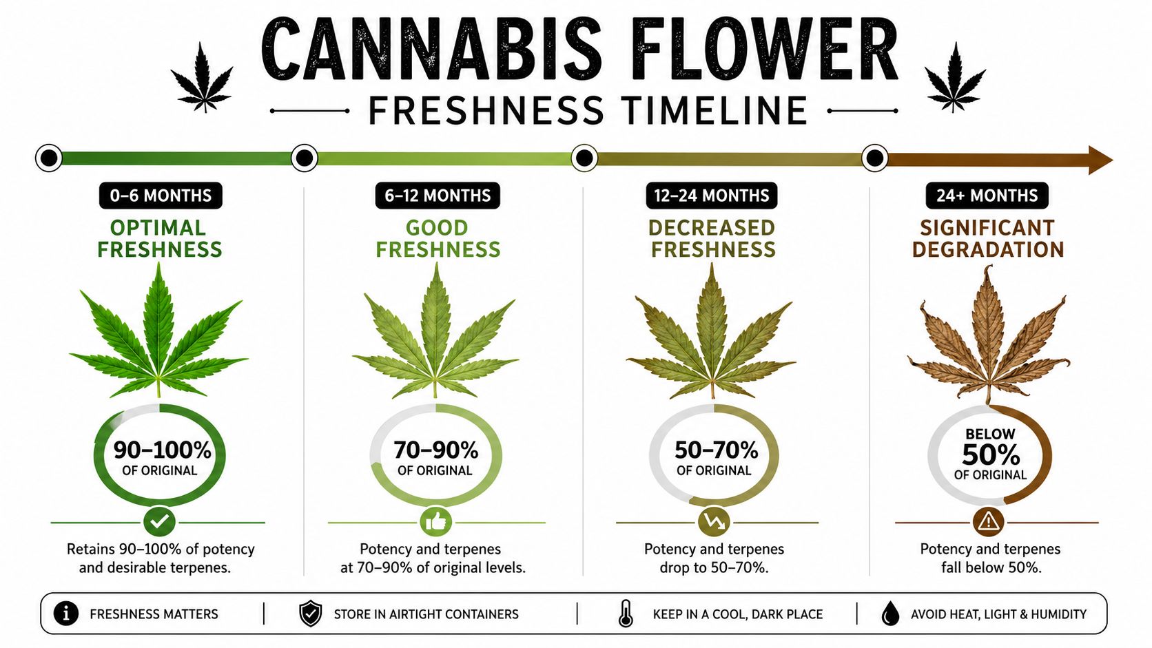 A cannabis flower freshness timeline infographic showing potency degradation over a period of 24 months.