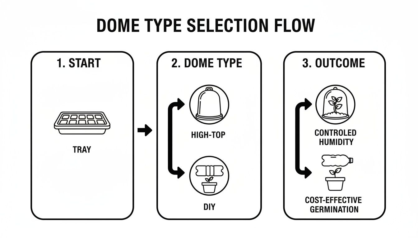 Flow chart illustrating dome type selection for seed germination, showing high-top for controlled humidity and DIY for cost-effective germination.