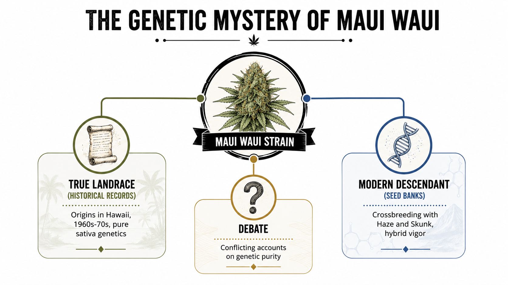 An infographic titled The Genetic Mystery of Maui Wowie, showing historical landrace versus modern descendant strain debates.