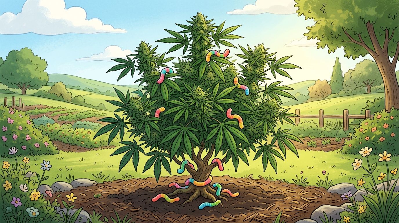 A whimsical cannabis plant growing in a garden with colorful gummy worms crawling on its branches.