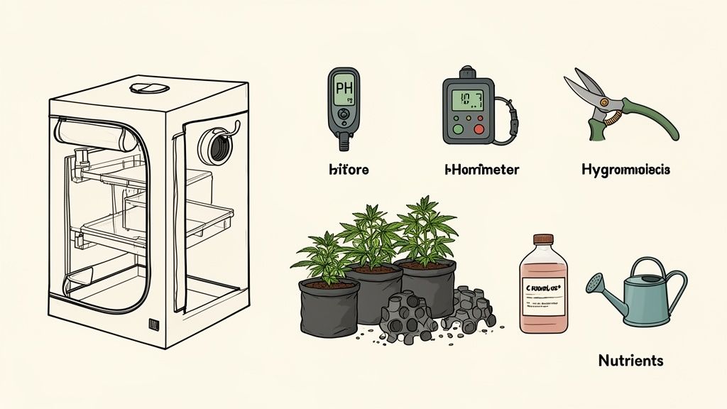 Illustration showing a grow tent, pH meter, hygrometer, shears, potted plants, nutrients, and a watering can.